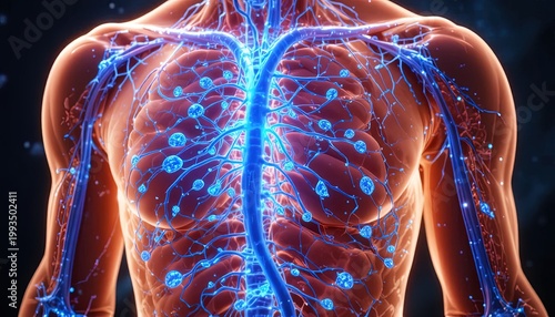 Human circulatory and lymphatic system anatomy displayed with glowing blue vessels inside a translucent torso.