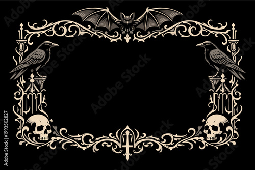 Gothic Picture Frame with Bat, Ravens, and Skulls. Vintage Ornate Border with Antique Filigree and Spooky Victorian Elements. Elegant Macabre Decorative Frame for Halloween and Dark Art Design.