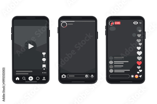Social Media App Interface Mockups for TikTok Reels and Instagram Stories on Smartphone Screens; Vector Illustration of Live Stream, Video Player, and Story Layouts for Mobile Marketing UI UX.