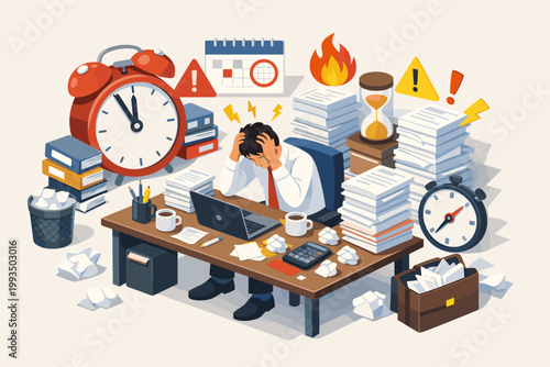 Stressed businessman overwhelmed by heavy workload and tight deadlines in isometric office setting. Burnout and time management concept with stacks of paper, alarm clocks, and fire symbols.