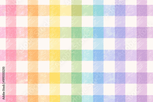 Retro Pastel Rainbow Gingham Pattern Background with Hand Drawn Textured Checkered Squares in Soft Pride Flag Colors for Wallpaper, Textile Design, Scrapbooking, and Decorative Backdrop.