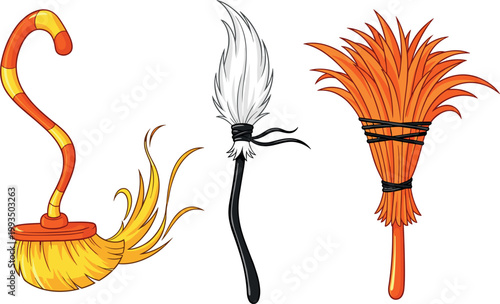 Traditional Cleaning Broom Set with Straw Brush and Duster Household Tools Vector Illustration