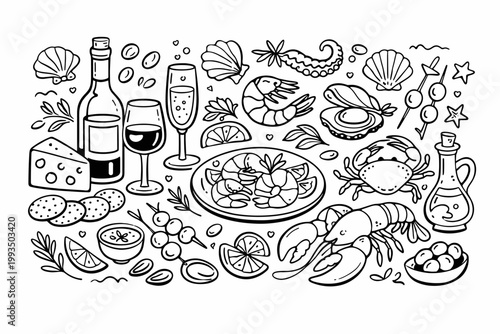Hand Drawn Seafood and Wine Aperitif Doodle Line Art Vector Illustration Set with Lobster, Shrimp, Crab, Shells, Cheese, Olives, and Wine Glasses for Mediterranean Restaurant Menu and Food Design