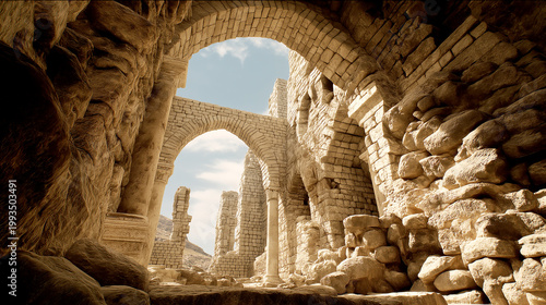 Perspective view through a series of ancient stone arches and crumbling walls of a historic fortress under a soft afternoon sky.