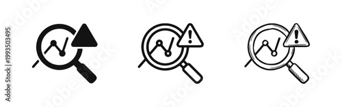 Data analysis and error warning icon set, monitoring issues in glyph, outline and hand drawn styles