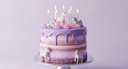 Two Tiered Unicorn Birthday Cake With Candles And Figurines