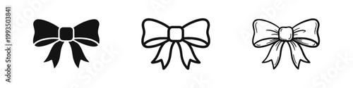 Decorative ribbon bow icon set, gift and celebration concept in glyph, outline and hand drawn styles