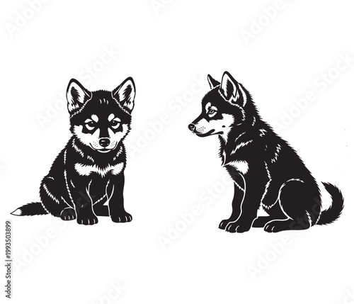 Two black and white silhouette illustrations of puppies sitting on a white background with line art domestic companion