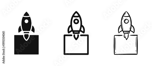 Startup rocket launch icon set, business project takeoff in glyph, outline and hand drawn styles