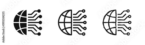 Global network and technology globe icon set, worldwide connection in glyph, outline and hand drawn styles