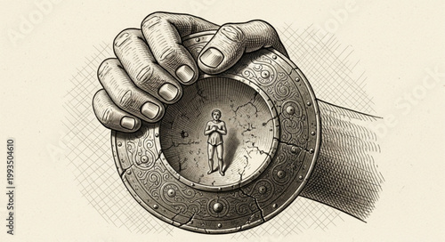 Close up of a hand holding a small ancient coin with a figure.