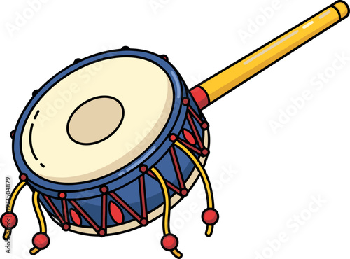 Foto Traditional Hand Drum with Stick and Decorative Strings Cultural Music Instrumen