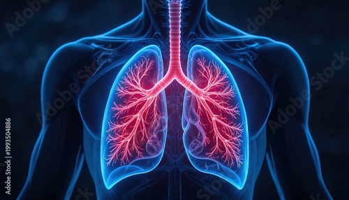 Human lungs are highlighted in red within a glowing blue silhouette of a torso.