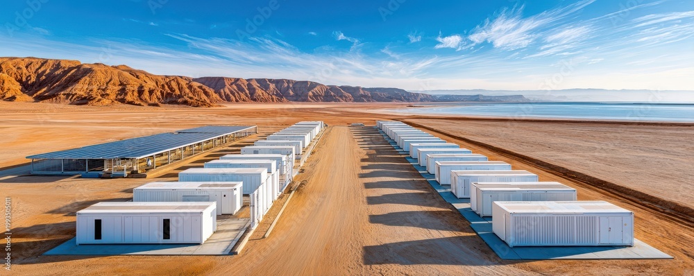 Fototapeta premium Aerial view of battery energy storage facility with white modular units in desert near salt flats
