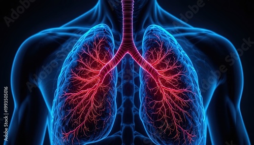 Human respiratory system visualization shows glowing red lungs inside a blue silhouette of the torso.