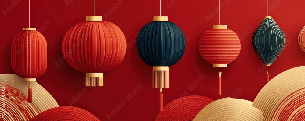 Fototapeta premium Chinese New Year festive lanterns and golden patterns on red decorative background
