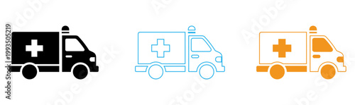 Two ambulance icons blue and orange line art on black background