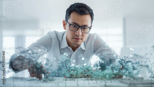 Intense concentration of a man analyzing a digital city model with holographic elements, showcasing modern urban planning