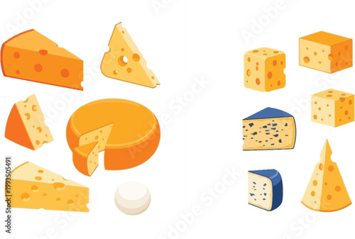 Cheese Variety Icon Set with Slices Wheels Cubes and Dairy Products Illustrations for Food Design, Restaurant Menu, Cooking Apps, Grocery Packaging, and Culinary Graphics