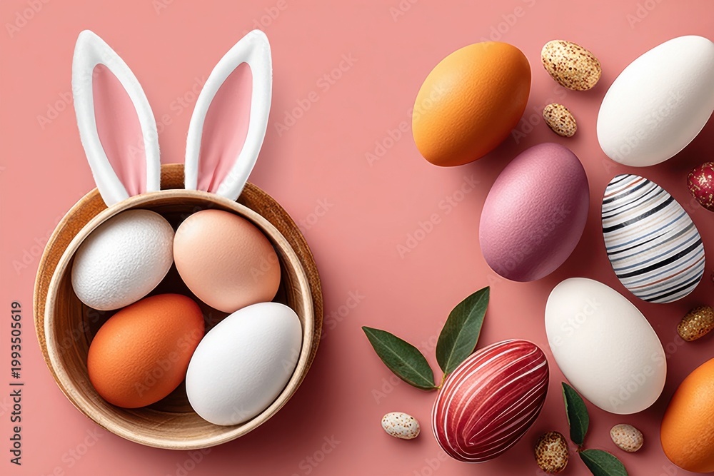 Fototapeta premium Easter eggs and bunny ears on a pink background with wooden bowl and pastel decorations