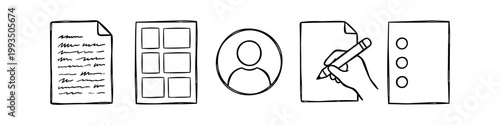 Hand-drawn doodle icon set featuring a document, storyboard, user profile, hand writing with a pencil, and a list. Black line art on a white background for creative and business projects.