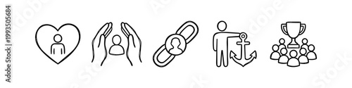 Hand-drawn line art icon set illustrating core human and business values: empathy, protection, networking, stability, and group achievement. Minimalist black sketches on white background.