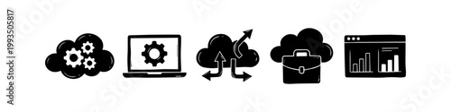 Set of hand-drawn cloud computing and business technology icons featuring cloud gears, laptop settings, data flow arrows, a business briefcase cloud, and a web analytics dashboard.