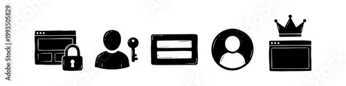 Set of hand-drawn black icons for web security, user authentication, and premium membership, featuring a padlock, key, user avatar, login form, and crown on a browser window.