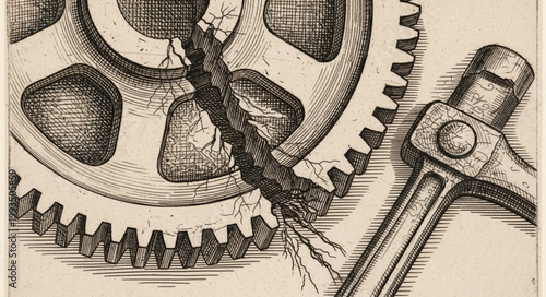 Close up of a mechanical gear system with a wrench.