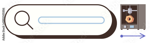 Technology, innovation, 3D printing, additive manufacturing, online research, prototypes. Search bar icon with magnifier, 3D printer with object. Technology and 3D printing concept