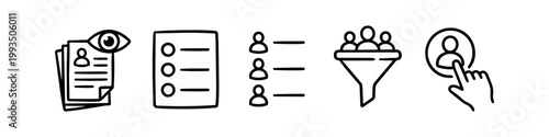 A set of hand-drawn line icons illustrating the recruitment process: resume review, checklist, candidate list, candidate filtering, and final selection on white background.