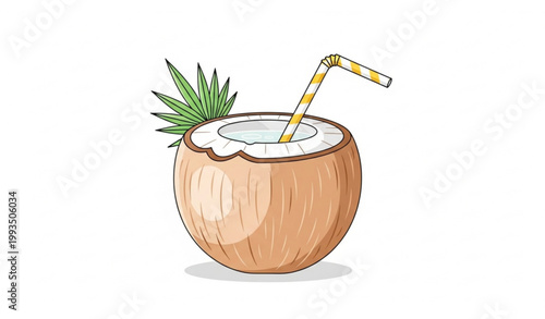 Fresh Coconut Water Drink with Straw – Flat Vector Illustration