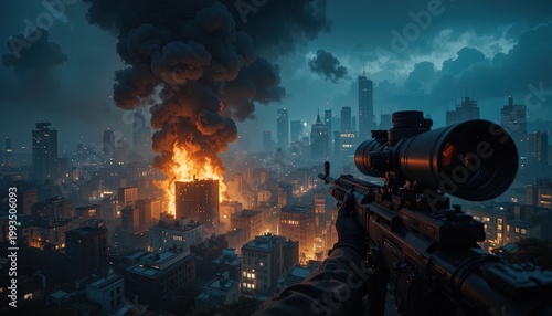 Sniper holding a precision rifle sights a massive conflagration engulfing a downtown skyscraper at twilight