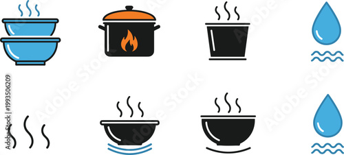 Cooking and hot food vector icon set featuring steaming bowls pots with fire and water drop illustrations.