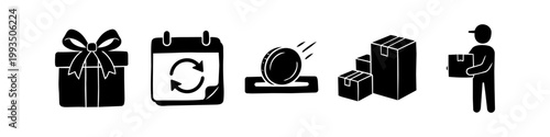 Set of minimalist black icons for delivery and logistics, featuring a gift box, recurring order calendar, coin payment, shipping boxes, and a courier silhouette.