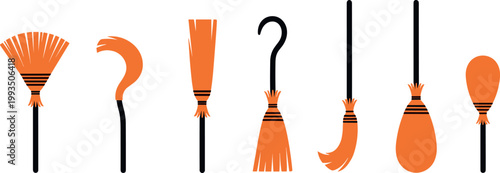 Various Broom Shapes Set with Cleaning Tools Silhouette Collection Vector Illustration