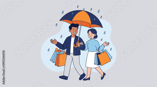 Couple Walking Under a Colorful Umbrella in the Rain Carrying Shopping Bags on a Joyful Day