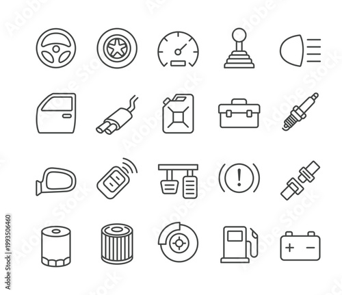 Minimalist Outline Car Parts and Automotive Service Components Line Icon Set Collection