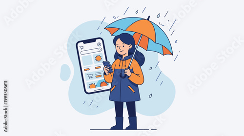 Young Woman Holding Umbrella and Using Smartphone While Standing in Rainy Outdoor Setting