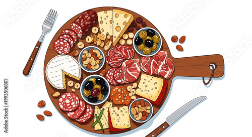 Delicious charcuterie board with cheese meats nuts and olives on wooden platter with cutlery
