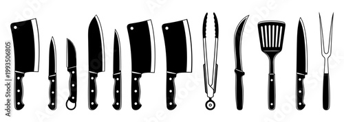 Black and white illustration of various kitchen knives and utensils