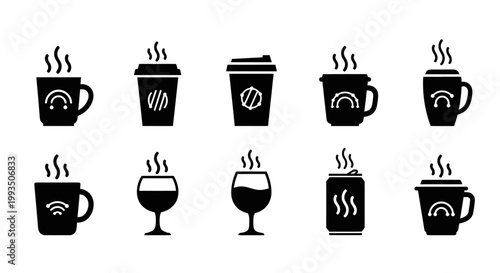 Set of ten solid black icons featuring various hot drinks coffee to go cups wine glasses and beverage cans