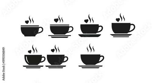 Silhouette coffee cups with steam and heart icons, simple vector graphics