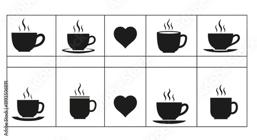 Grid of coffee cups hearts and steaming beverages, vector icons for design