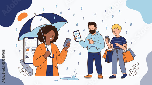 Group of Young Adults Embracing Rainy Day with Smartphones and Umbrella in Urban Setting