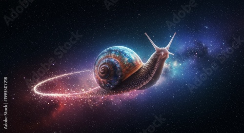 Cosmic Snail’s Trail: A surreal artwork depicts a snail navigating the cosmos, leaving a luminous trail amidst the stars, offering a captivating blend of reality and imagination.