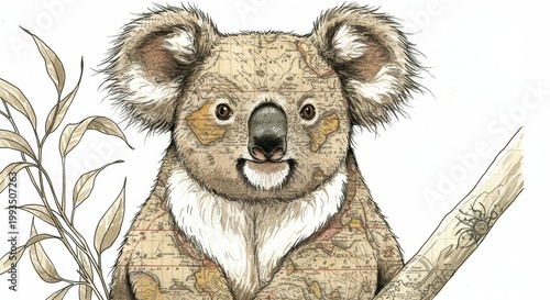 Koala on Branch: A charming illustration of a koala perched contentedly on a branch. Capturing the koala's friendly expression, the soft textures, and the delicate branch details.