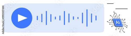 Voice recognition, AI-powered transcription, speech analysis, virtual assistants, natural language processing, sound visualization. Audio waveform with play icon and AI chip. Voice recognition