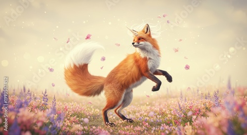 Fox's playful in flower field: a charming fox frolics joyfully in a vibrant field of flowers, exuding a sense of pure delight and whimsy amidst the soft, ethereal ambiance.