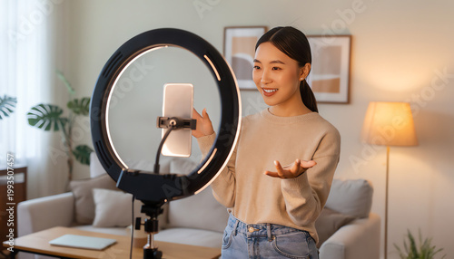 A young woman records a video using a smartphone mounted on a ring light in a cozy living room.